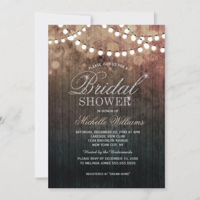 Invitación Elegantes luces de cuerda marrón ducha de novia (Anverso)
