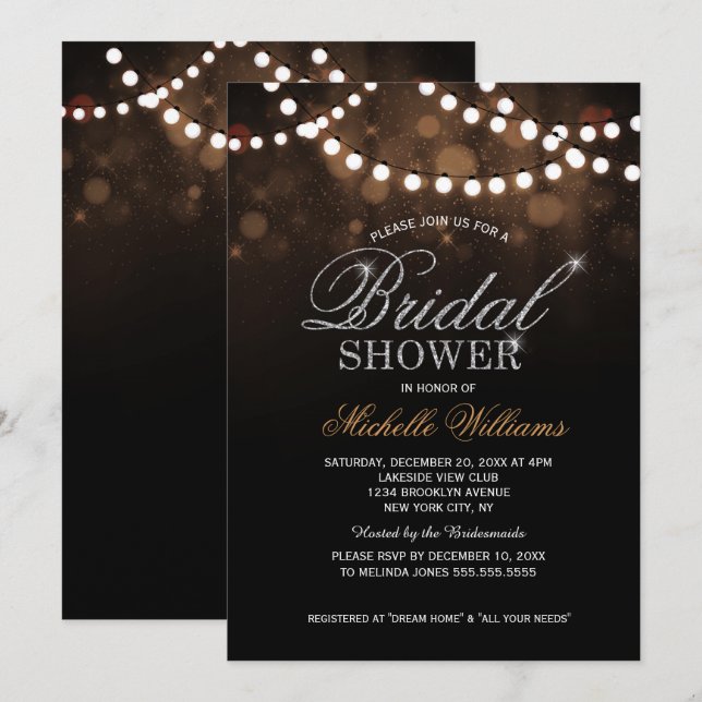 Invitación Elegantes luces de cuerda marrón ducha de novia (Anverso / Reverso)