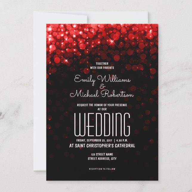 Invitación Elegantes luces rojas de boda fondo de boquilla (Anverso)