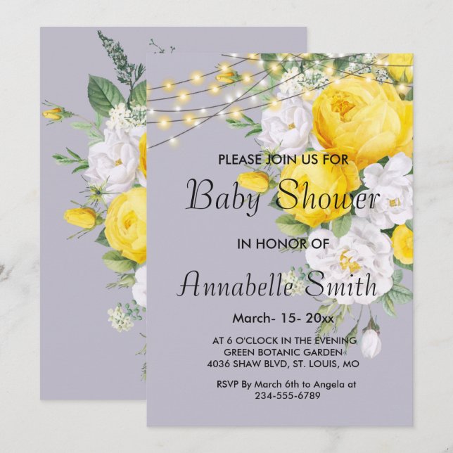 Invitación Elegantes luces rusticas Baby Shower floral amaril (Anverso / Reverso)