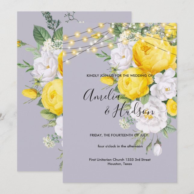 Invitación Elegantes luces rusticas boda floral amarillo (Anverso / Reverso)