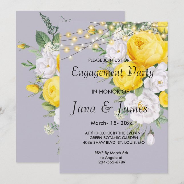 Invitación Elegantes luces rusticas Compromiso floral amarill (Anverso / Reverso)
