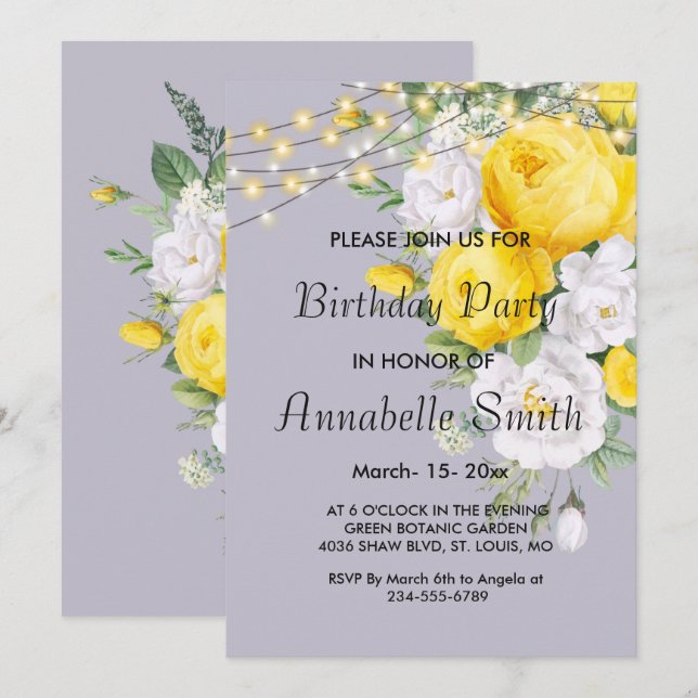Invitación Elegantes luces rústicas Cumpleaños floral Amarill (Anverso / Reverso)