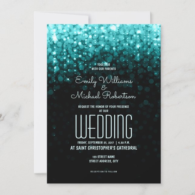 Invitación Elegantes luces turquesa de bodas agitan el fondo (Anverso)