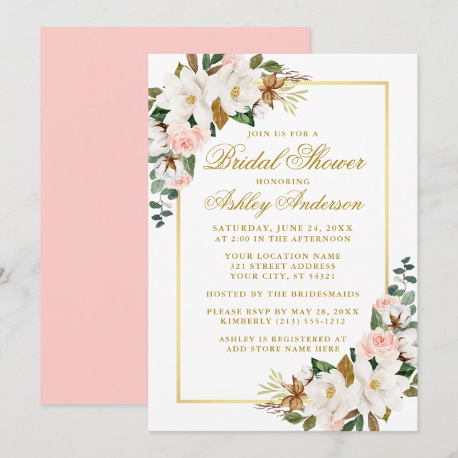 Invitación Elegantes Magnolias Rosas Ducha de Novias Rosa Oro (Anverso / Reverso)