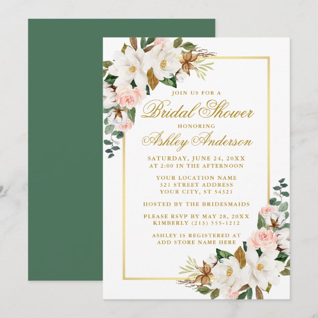 Invitación Elegantes Magnolias Rosas Gold Bridal Shower Green (Anverso / Reverso)