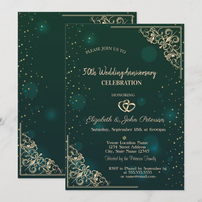 Invitación Elegantes Marcos de Corazones Verde Boda Aniversar (Anverso / Reverso)
