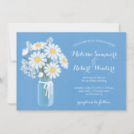 Invitación Elegantes margaritas blancas Mason Jar en Boda azu