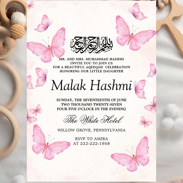Invitación Elegantes mariposas bebé GirI Aqiqa Aqeeqa islámic (Subido por el creador)