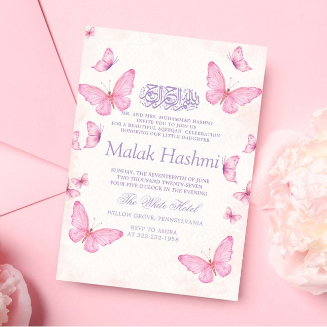 Invitación Elegantes mariposas bebé GirI Aqiqa islámica (Subido por el creador)