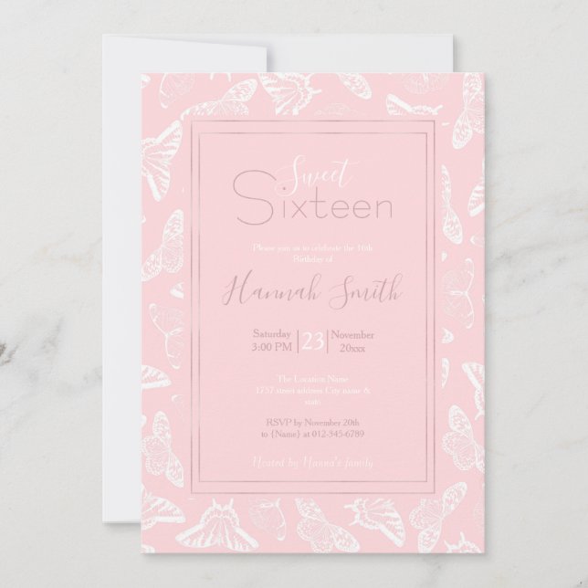 Invitación Elegantes mariposas blancas de diseño rosa (Anverso)