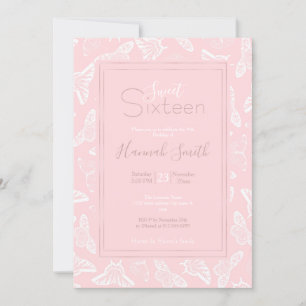 Invitación Elegantes mariposas blancas de diseño rosa