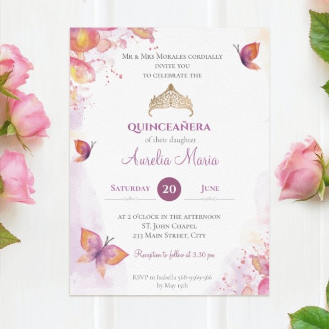 Invitación Elegantes mariposas de la quinceañera de oro de Ti (Elegant Gold Quinceañera Tiara Butterflies Invitation)