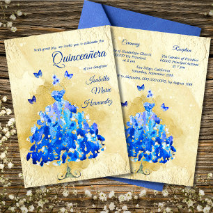 Invitación Elegantes mariposas doradas y azules Quinceañera
