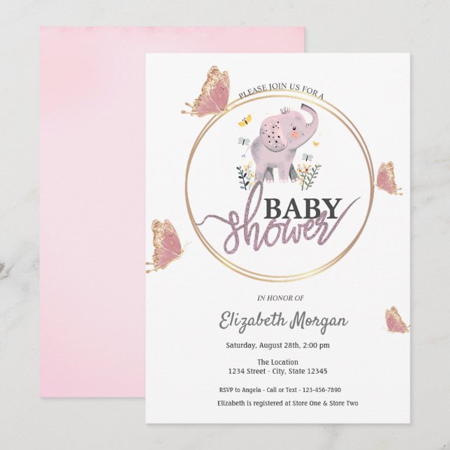 Invitación Elegantes mariposas Elefantes Rosa Baby Shower (Anverso / Reverso)