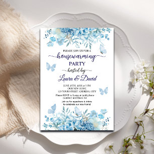 Invitación Elegantes mariposas florales azules Fiesta de la c