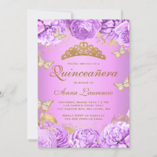 Invitación Elegantes mariposas florales púrpuras Quinceanera