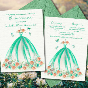 Invitación Elegantes mariposas florales verdes Quinceañera