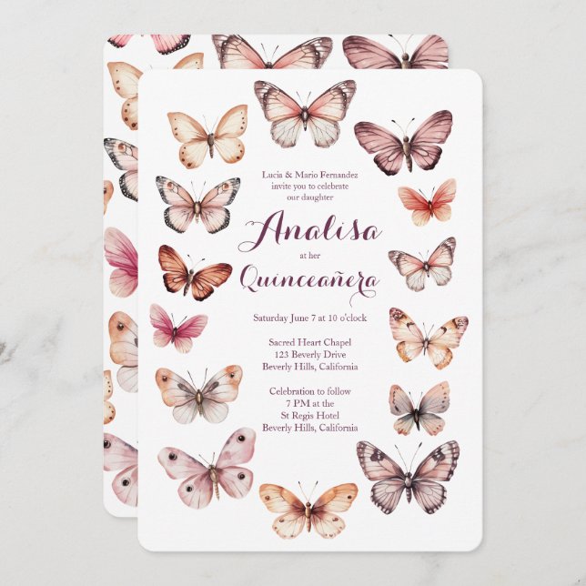Invitación Elegantes mariposas Frame Quinceañera PERSONALIZAD (Anverso / Reverso)