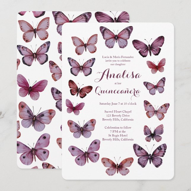 Invitación Elegantes mariposas Frame Quinceañera PERSONALIZAD (Anverso / Reverso)