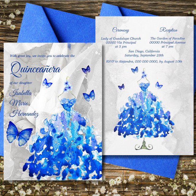 Invitación Elegantes mariposas plateadas y azules Quinceañera (Subido por el creador)