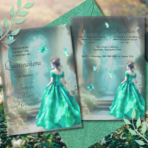 Invitación Elegantes mariposas verdes de esmeralda Quinceañer