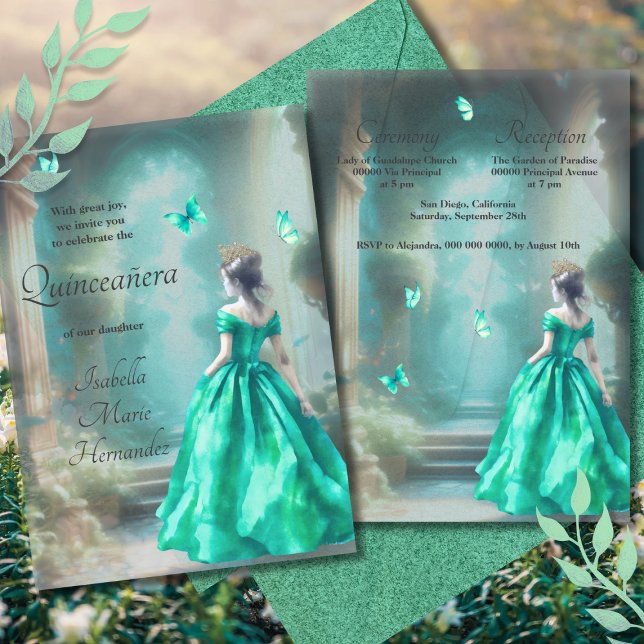 Invitación Elegantes mariposas verdes de esmeralda Quinceañer (Subido por el creador)