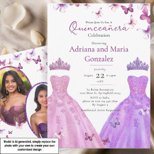 Invitación Elegantes Mariposas Vestido Quinceañera Gemela