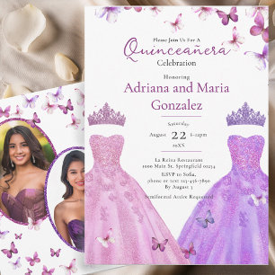 Invitación Elegantes Mariposas Vestido Quinceañera Gemela
