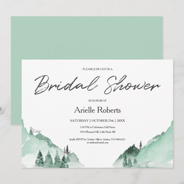 Invitación Elegantes montañas del bosque verde ducha de novia (Anverso / Reverso)