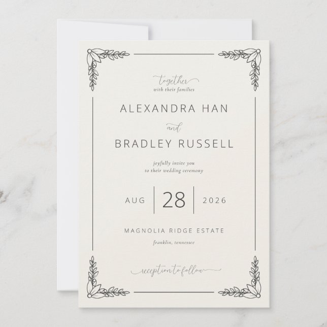 Invitación Elegantes Movimientos de Hoja Beige (Anverso)