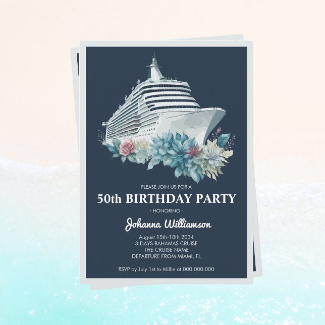 Invitación Elegantes mujeres 50 aniversario de viaje de cruce (Elegant Women 50th Birthday Party Cruise Ship Trip Invitation
)