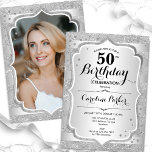 Invitación Elegantes mujeres Plata Foto 50 cumpleaños<br><div class="desc">Elegante invitación femenina de 50 años con tu foto al fondo de la tarjeta. Diseño de vidrio con falsa plata purpurina. Incluye rayas plateadas, fuente de guiones y confeti. Perfecto para un elegante fiesta de celebración de cumpleaños. Personaliza con tus propios detalles. ¡Se puede personalizar para cualquier edad! Invitaciones Zazzle...</div>
