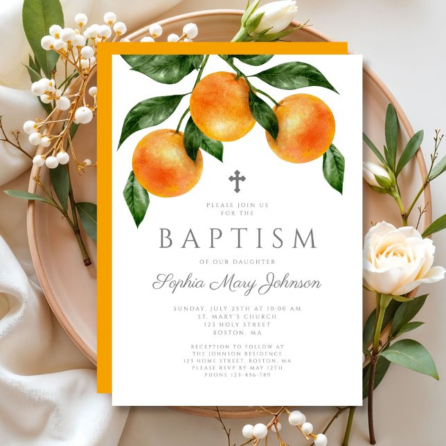 Invitación Elegantes Naranjas Chica bautismo (Elegant Oranges Girl Baptism Invitation)