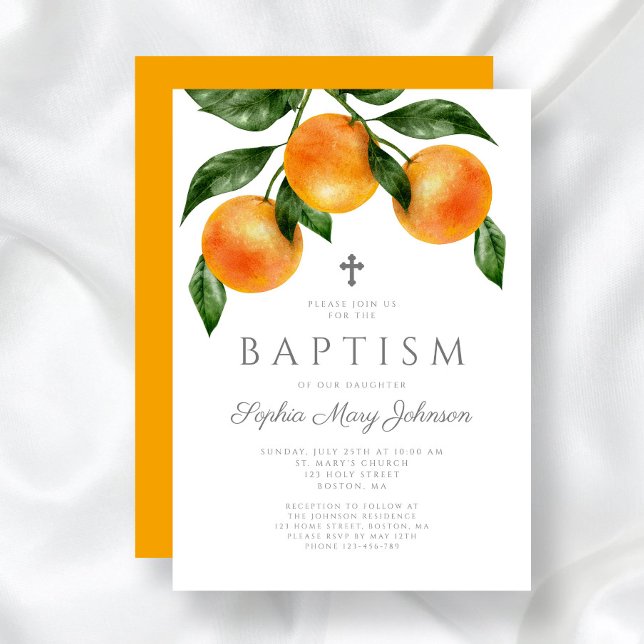 Invitación Elegantes Naranjas Chica bautismo (Elegant Oranges Girl Baptism Invitation)