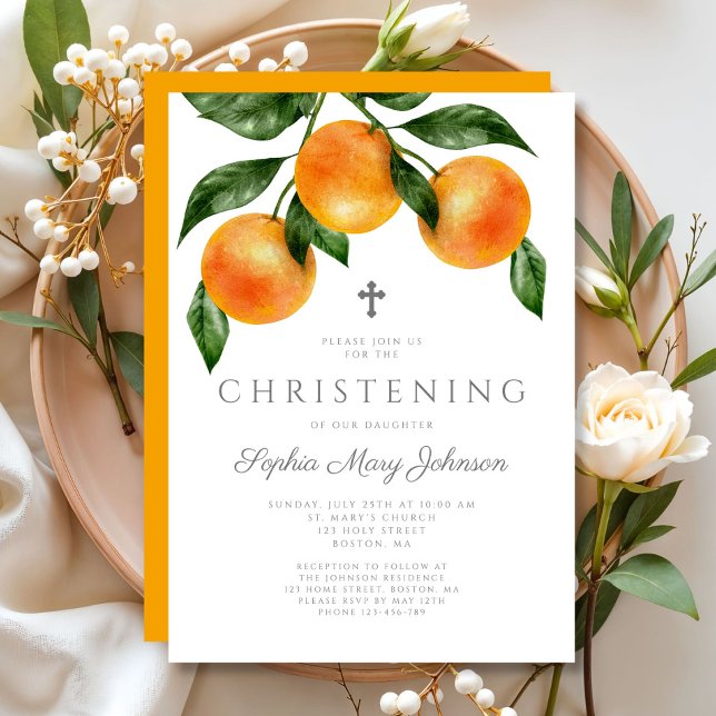 Invitación Elegantes Naranjas Chica Christening (Elegant Oranges Girl Christening Invitation)