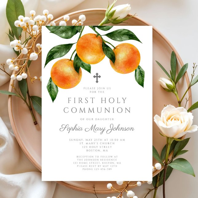 Invitación Elegantes Naranjas Chica Primero Santa Comunión (Elegant Oranges Girl First Holy Communion Invitation)