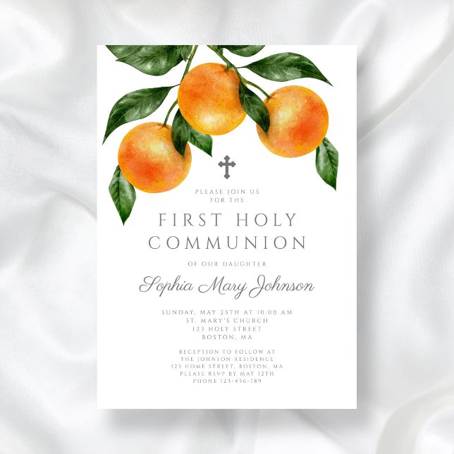 Invitación Elegantes Naranjas Chica Primero Santa Comunión (Elegant Oranges Girl First Holy Communion Invitation)