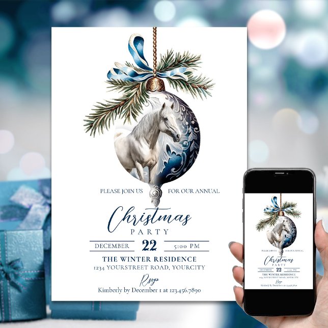 Invitación Elegantes Navidades azules hípicos hípicos (Elegant blue Christmas white horse equestrian Invitation)