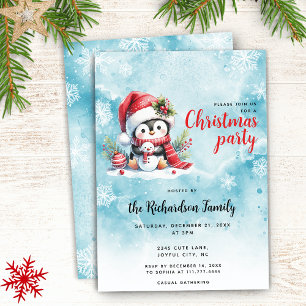 Invitación Elegantes Navidades azules y pingüinos rojos