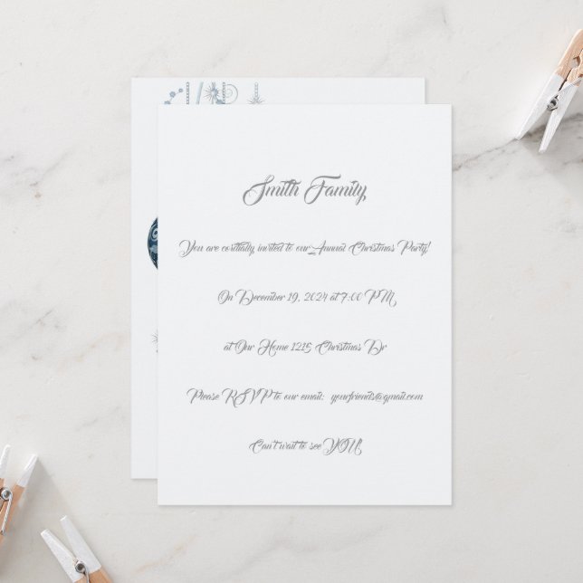 Invitación Elegantes Navidades azules y plateados entretenien (Anverso/Reverso In Situ)