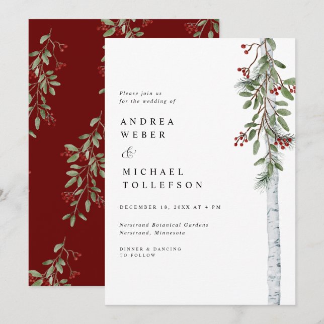Invitación Elegantes Navidades Boda Burgundy Greenery (Anverso / Reverso)