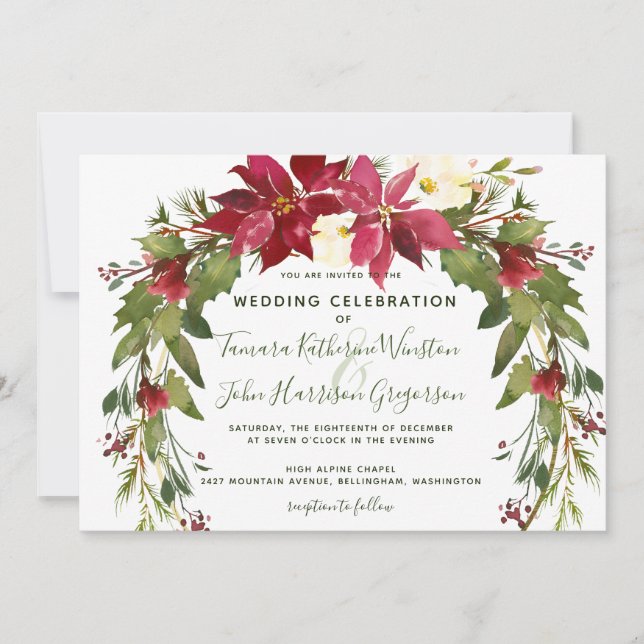 Invitación Elegantes Navidades Boda Poinsettia Floral Winter (Anverso)