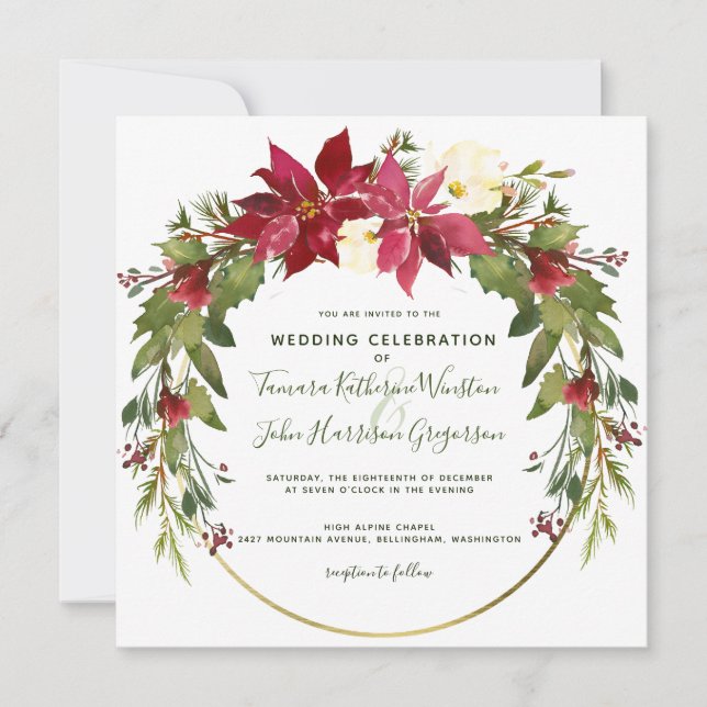 Invitación Elegantes Navidades Boda Poinsettia Floral Winter (Anverso)