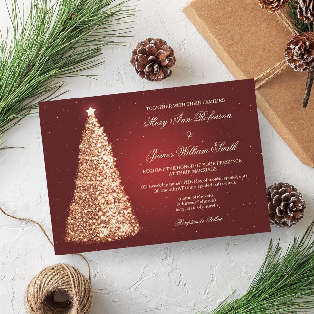 Invitación Elegantes Navidades Boda Sparkle Gold Red (Elegant Christmas Wedding Sparkle Gold Red Invitation)