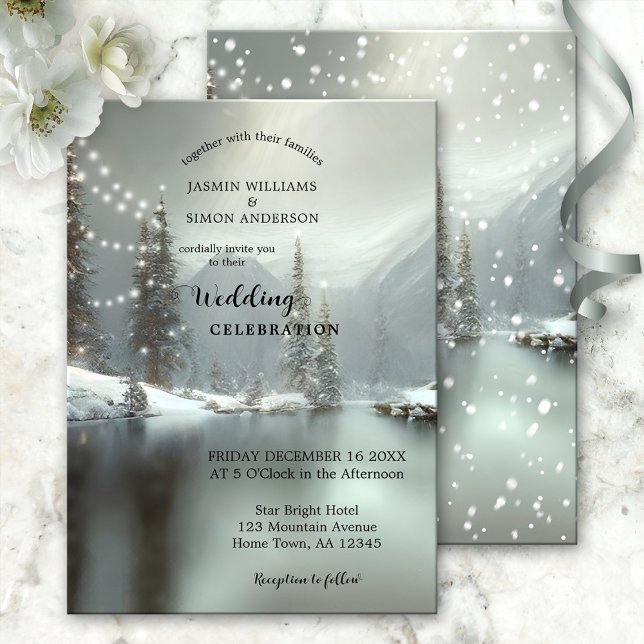 Invitación Elegantes Navidades Boda Winter Wonderland (Wedding invitation featuring a dreamy winter wonderland scene with sparkling lights)
