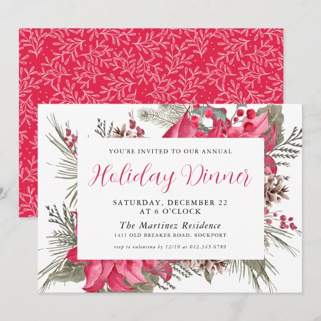 Invitación Elegantes Navidades botánicos de Poinsettia Roja (Anverso / Reverso)