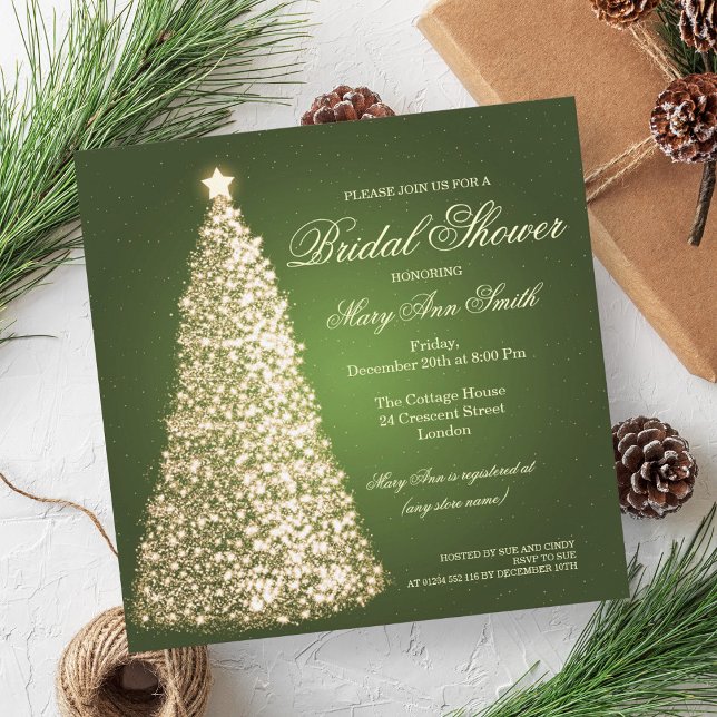 Invitación Elegantes Navidades Bridal Shower Gold Green (Elegant Christmas Bridal Shower Gold Green Invitation)