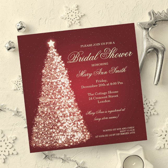 Invitación Elegantes Navidades Bridal Shower Gold Red (Elegant Christmas Bridal Shower Gold Red Invitation)