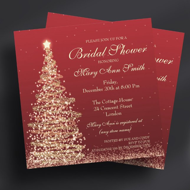 Invitación Elegantes Navidades Bridal Shower Red Gold (Elegant Christmas Bridal Shower Red Gold Invitation)
